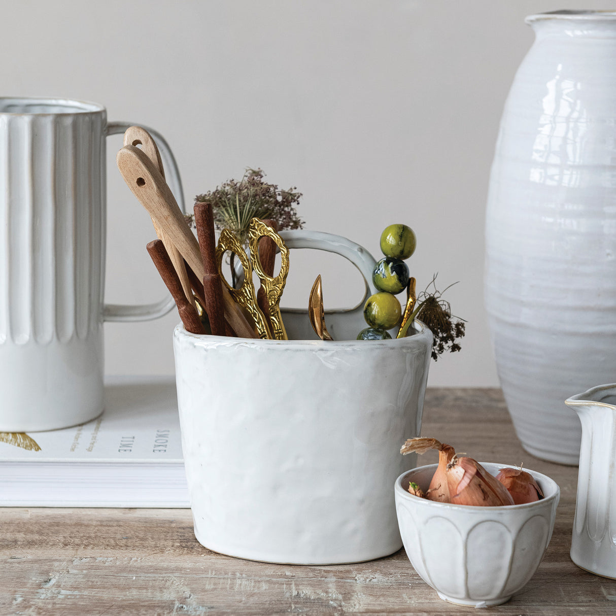 White Stoneware Crock with Handle