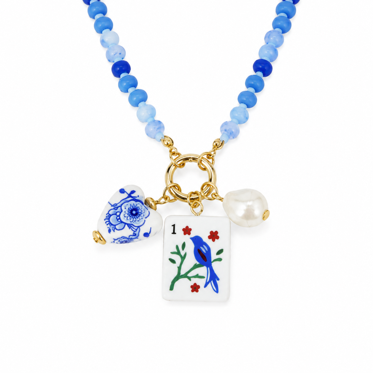 Sunset Dragon Mahjong Tile Charm Beaded Necklace