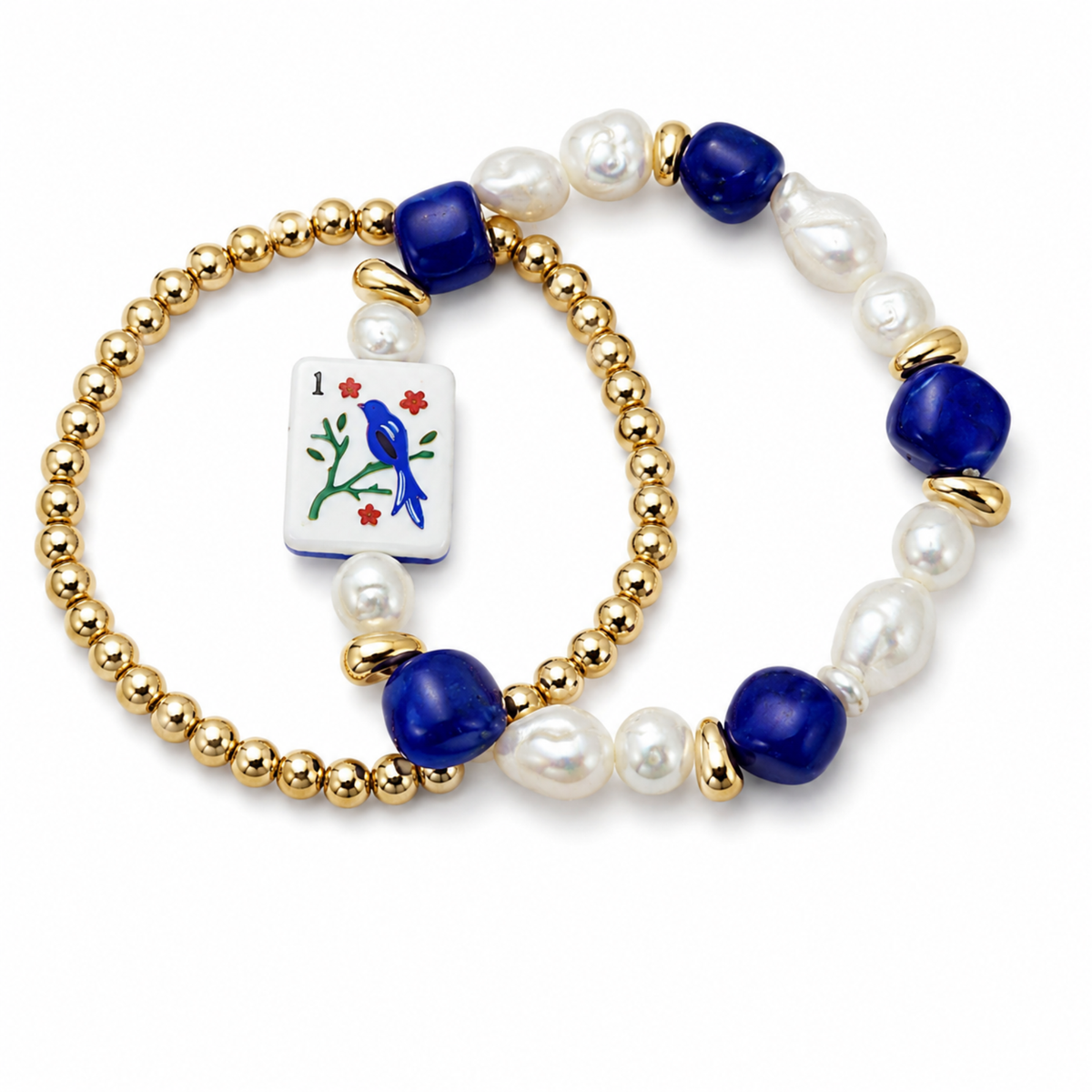Sunset Dragon Mahjong Tile Beaded Bracelet, 2-Piece Set