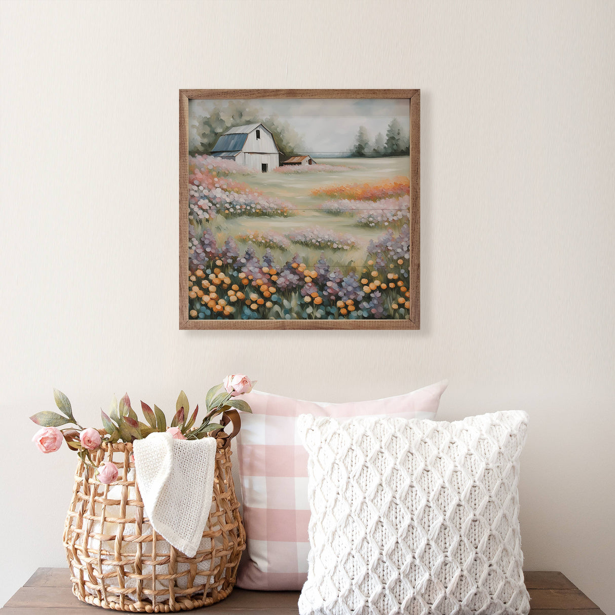 White Barn In Flower Field Wood Art