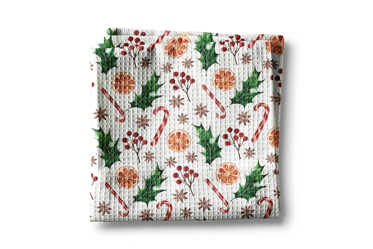 Christmas Orange Berry Mistletoe Waffle Tea Towel
