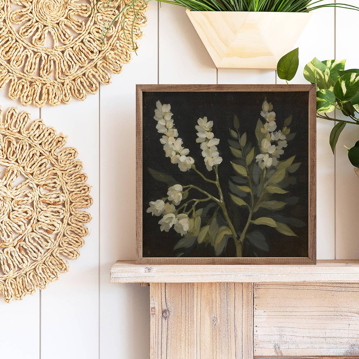 White Floral Prints On Black Wood Art