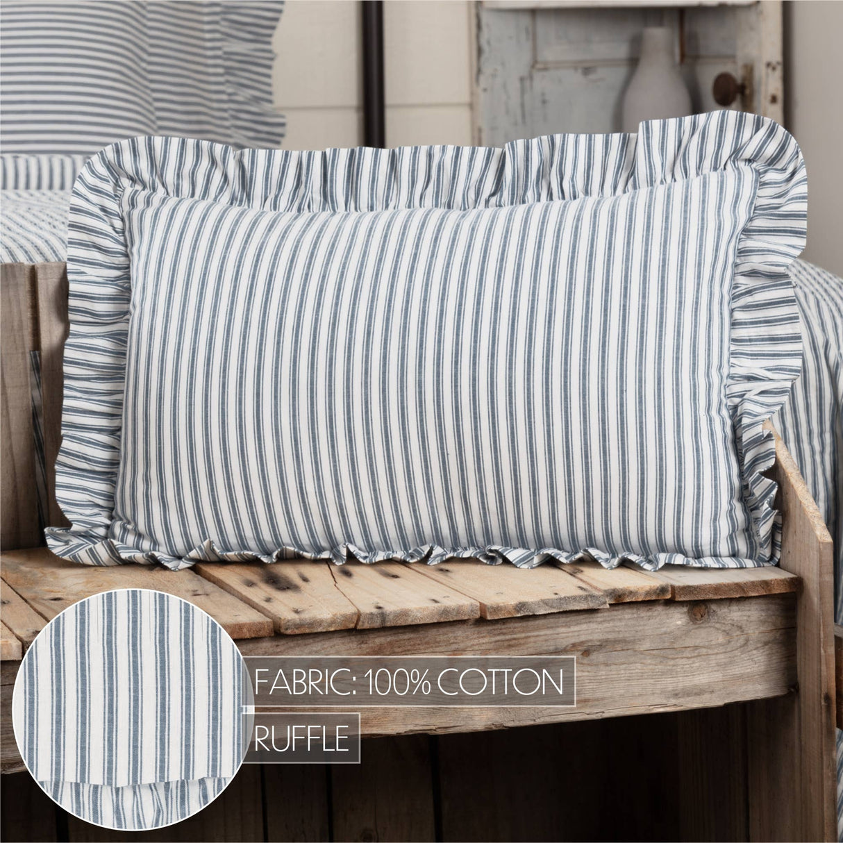 Sawyer Blue Ticking Stripe Ruffled Throw Pillow