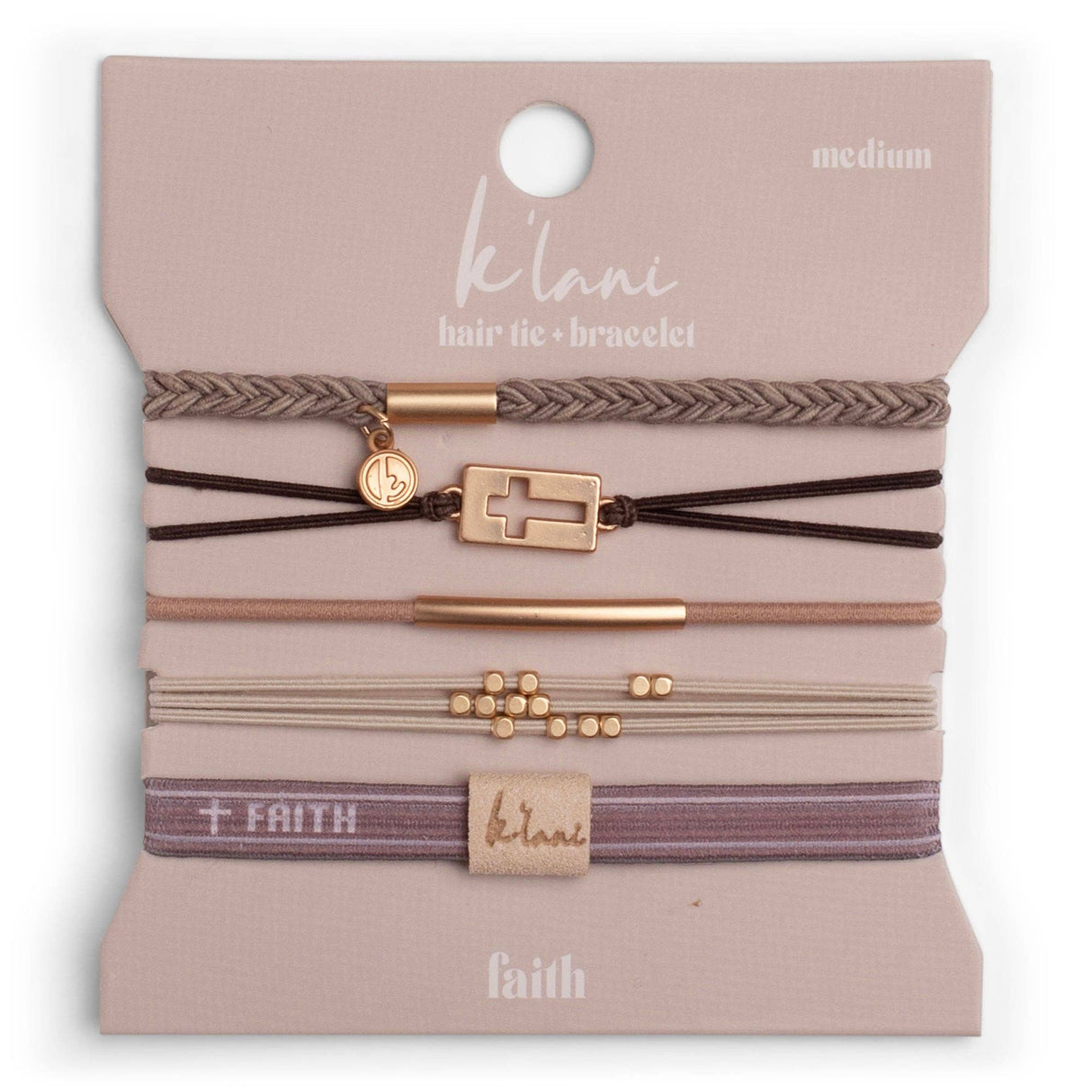 Faith Warm Neutrals & Gold Cross Hair Tie Bracelet Set