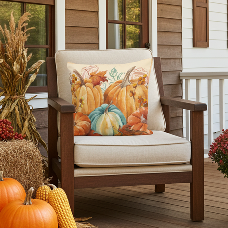 An outdoor patio chair on a porch with a cream cushion and a decorative pillow featuring a colorful autumn pumpkin and leaf pattern. The porch has brown wood siding, white trim, fall decorations including pumpkins and corn, and a potted plant of red mums.