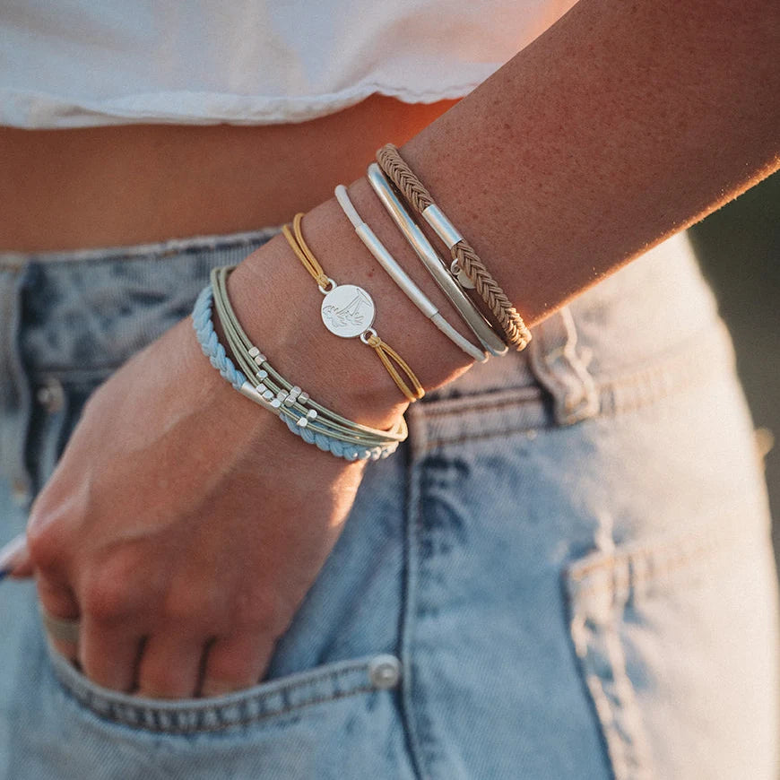 Grow Earthy Toned Silver Palm Tree Charm Hair Tie Bracelet Set