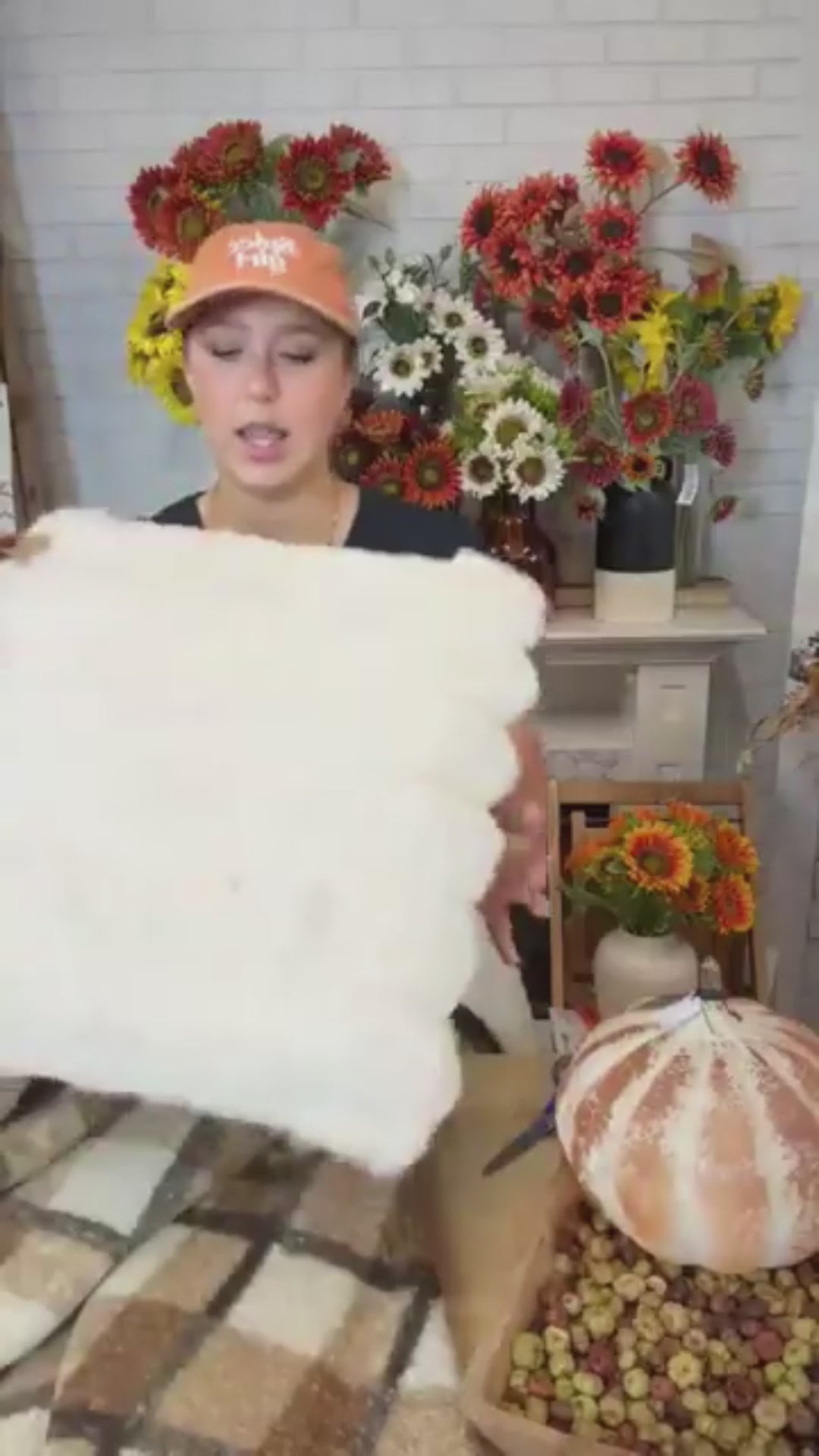 Cream Faux Fur Pillow with Channel Stitch