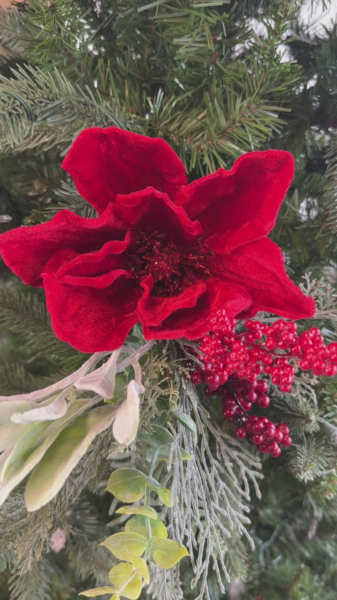Red Magnolia Flower Berry & Pine Spray