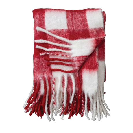 60"L x 50"W Woven Acrylic Throw w/ Fringe, Red & White Plaid
