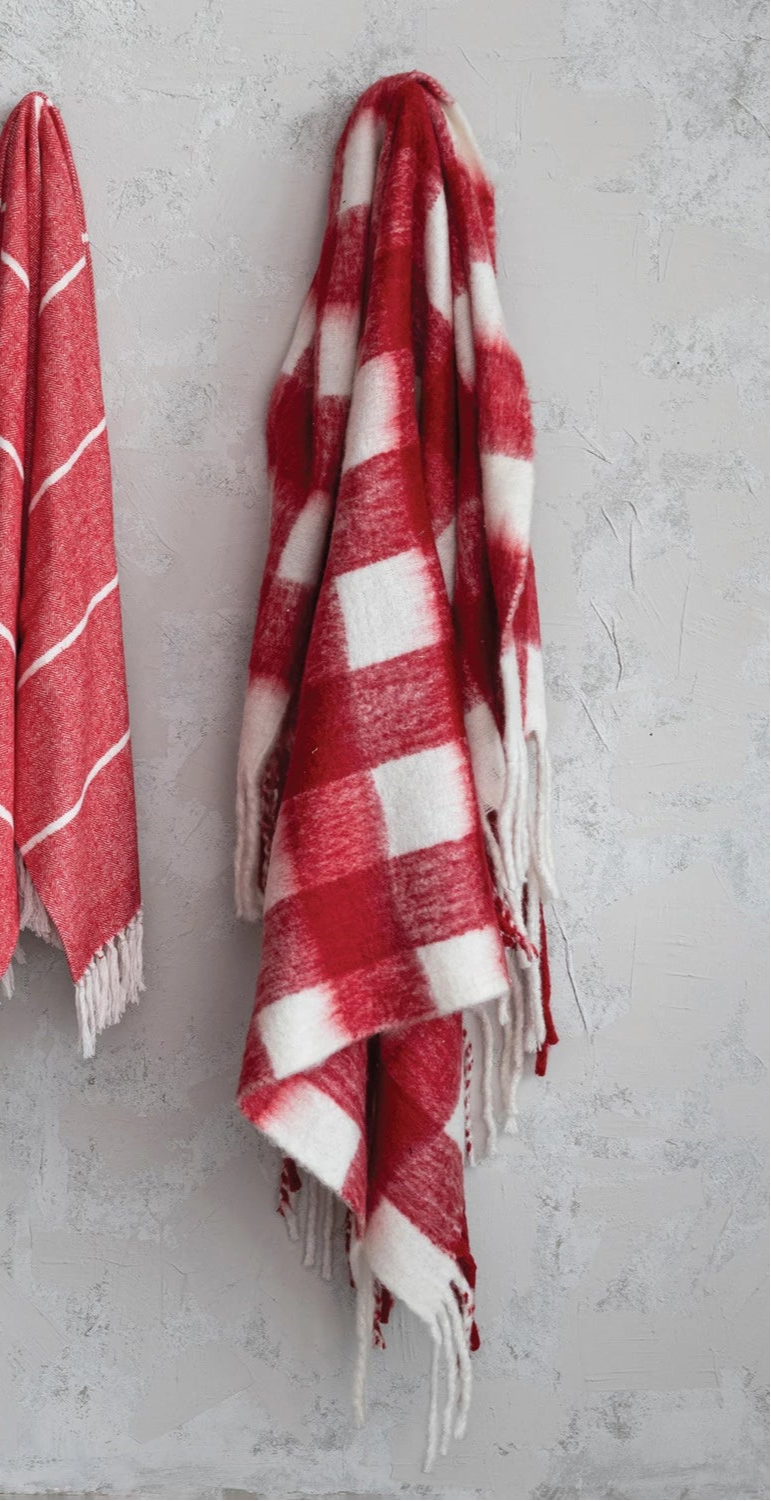 Red & White Plaid Fuzzy Throw Blanket