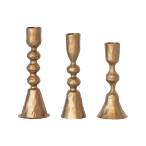 Hand-Forged Cast Iron Taper Holders, Antique Brass Finish, Set of 3