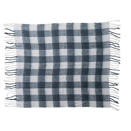 Woven Acrylic Throw with Fringe, Charcoal Color & White Plaid