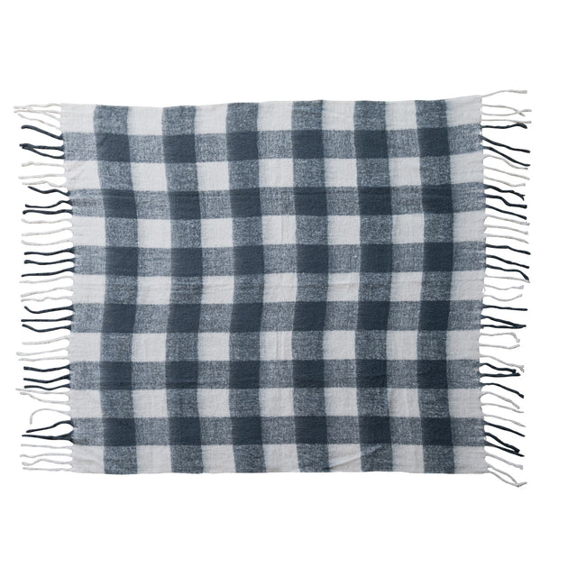 Woven Acrylic Throw with Fringe, Charcoal Color & White Plaid