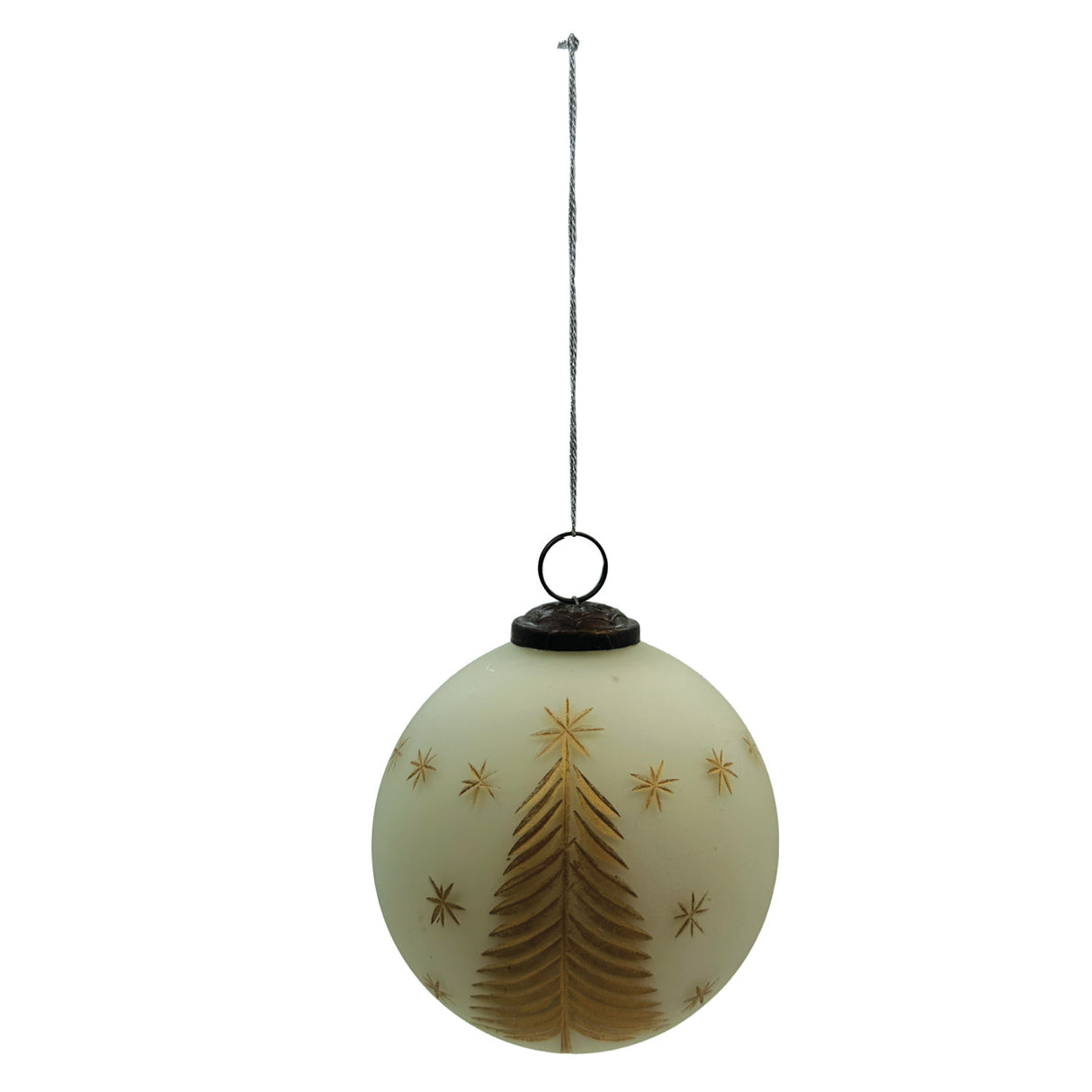 Hand-Painted Glass Ball Ornament with Etched Trees & Stars