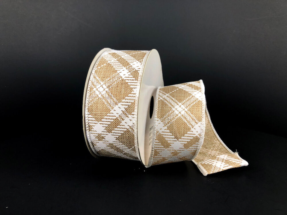 1.5" Linen & White Diagonal Plaid Ribbon Bolt
