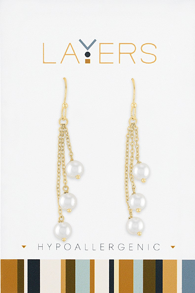 Gold Triple Pearl Dangle Earrings